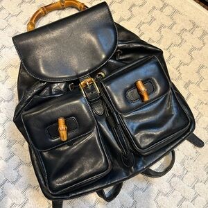 Gucci Black Leather Bamboo-Trim Backpack